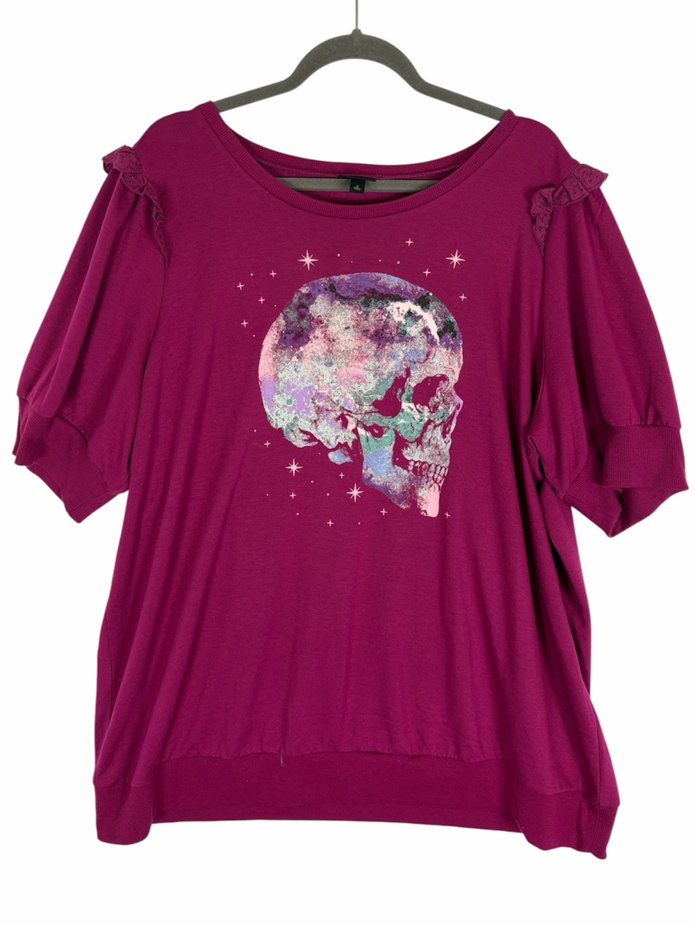 Torrid Skull Graphic Top Size 3 Purple Puff Sleeve Goth Galaxy Plus Size